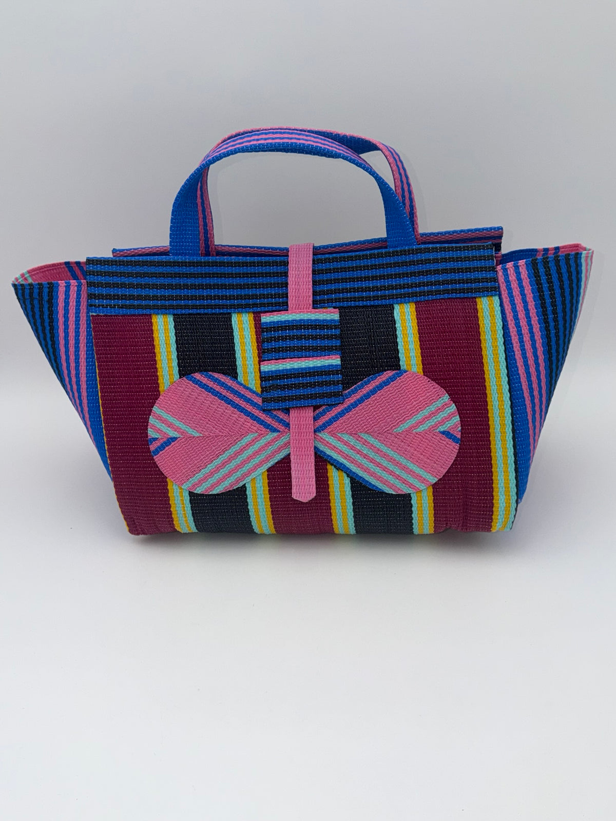 Winery Large handwoven tote bag by SCRUBIES in Pink,Blue,Wine,Black, with Stripes design and Bow accent pattern