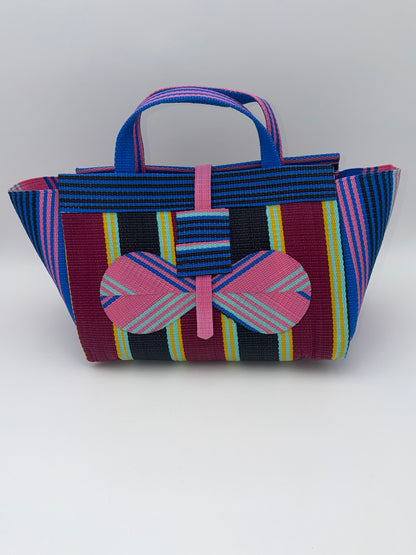 Winery Large handwoven tote bag by SCRUBIES in Pink,Blue,Wine,Black, with Stripes design and Bow accent pattern