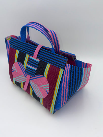 Winery Large handwoven tote bag by SCRUBIES in Pink,Blue,Wine,Black, with Stripes design and Bow accent pattern