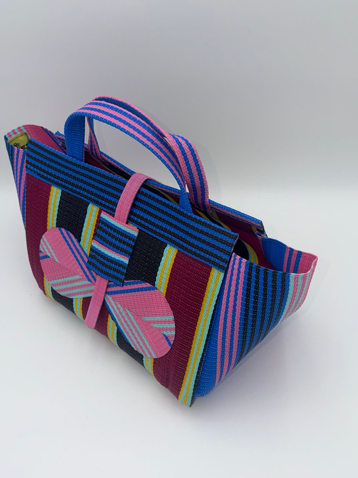 Winery Large handwoven tote bag by SCRUBIES in Pink,Blue,Wine,Black, with Stripes design and Bow accent pattern