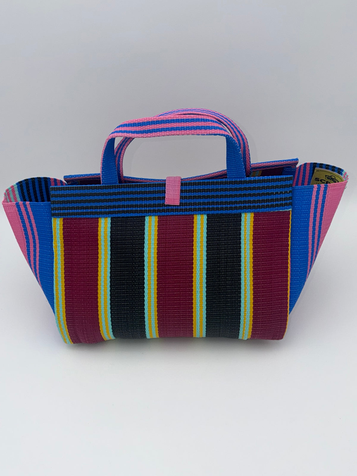 Winery Large handwoven tote bag by SCRUBIES in Pink,Blue,Wine,Black, with Stripes design and Bow accent pattern