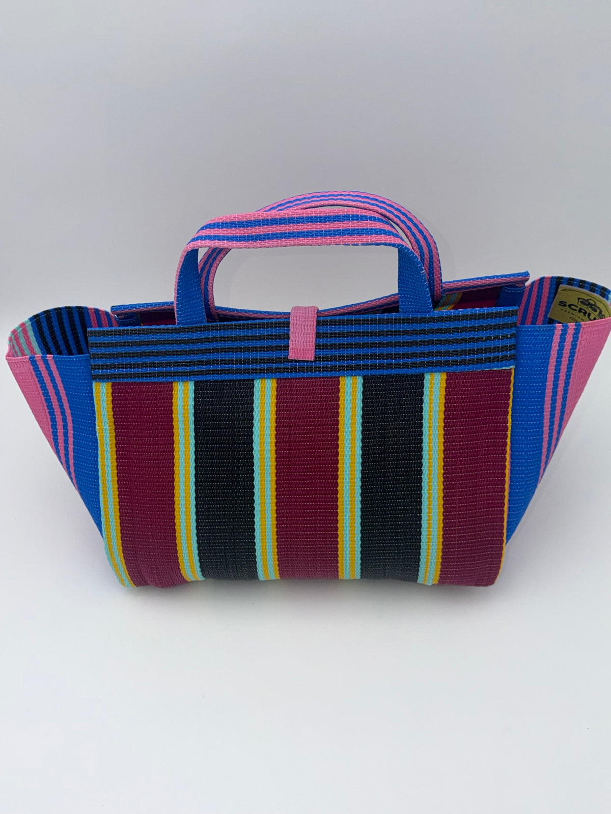 Winery Large handwoven tote bag by SCRUBIES in Pink,Blue,Wine,Black, with Stripes design and Bow accent pattern