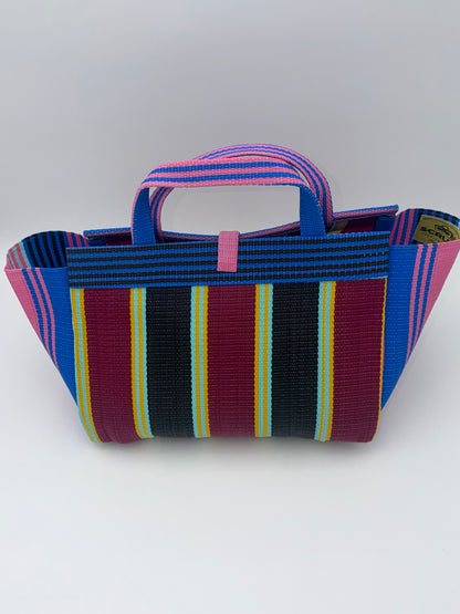 Winery Large handwoven tote bag by SCRUBIES in Pink,Blue,Wine,Black, with Stripes design and Bow accent pattern