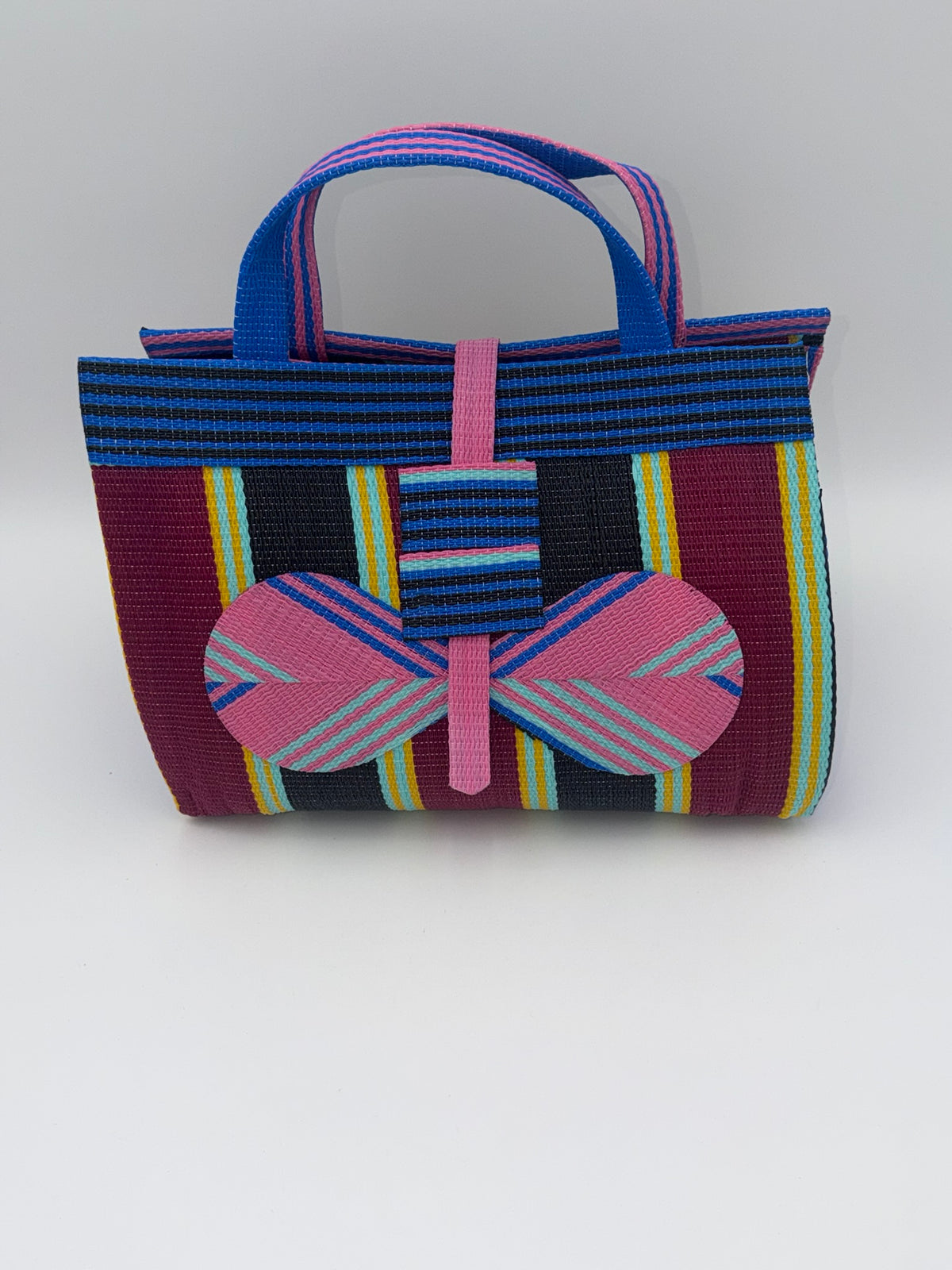 Winery Large handwoven tote bag by SCRUBIES in Pink,Blue,Wine,Black, with Stripes design and Bow accent pattern