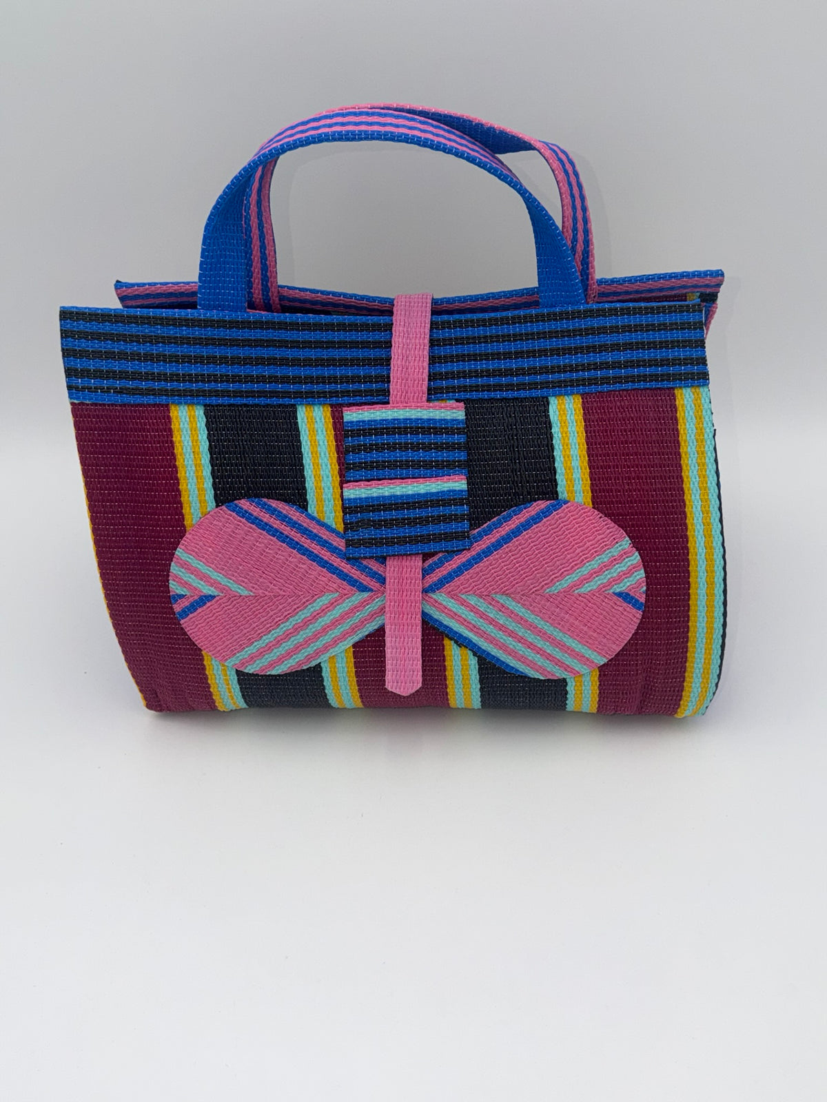 Winery Large handwoven tote bag by SCRUBIES in Pink,Blue,Wine,Black, with Stripes design and Bow accent pattern