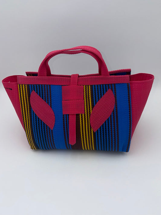 Berry Large handwoven tote bag by SCRUBIES in Pink,Blue,Yellow with Stripes design and Leaf accent pattern