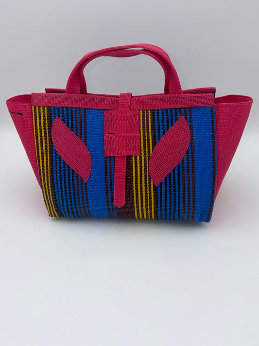 Berry Large handwoven tote bag by SCRUBIES in Pink,Blue,Yellow with Stripes design and Leaf accent pattern