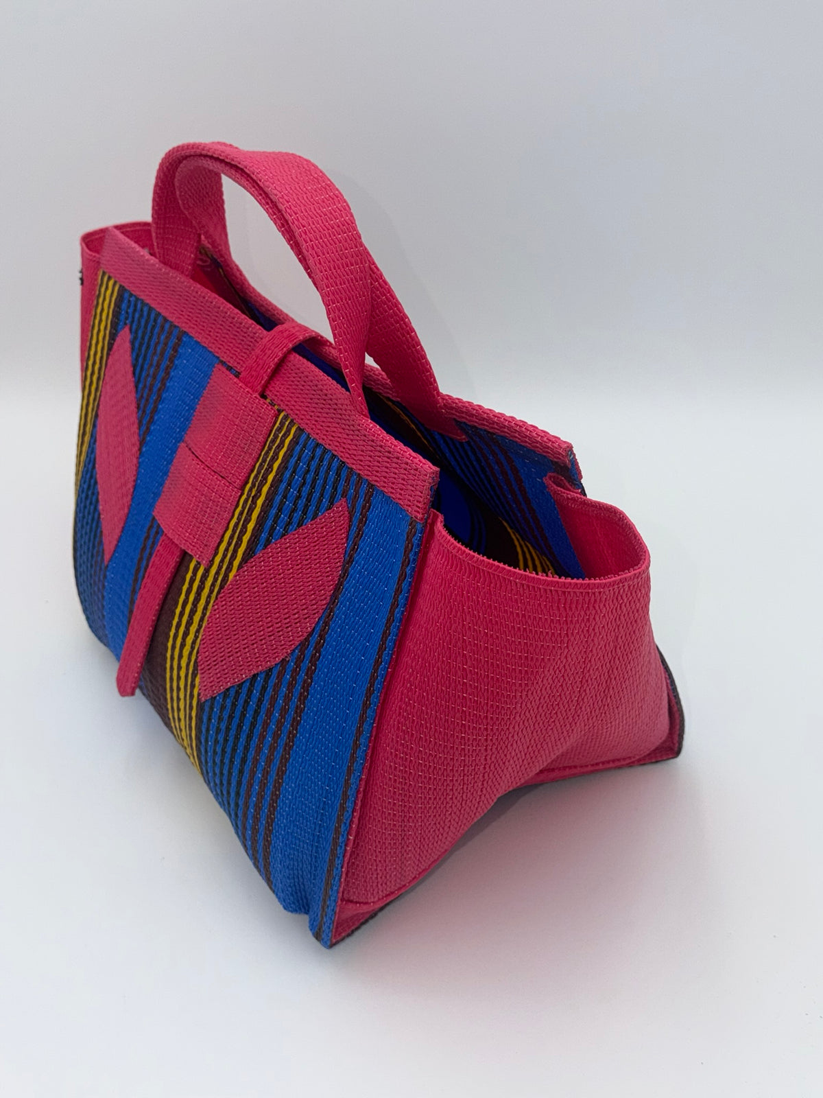 Berry Large handwoven tote bag by SCRUBIES in Pink,Blue,Yellow with Stripes design and Leaf accent pattern