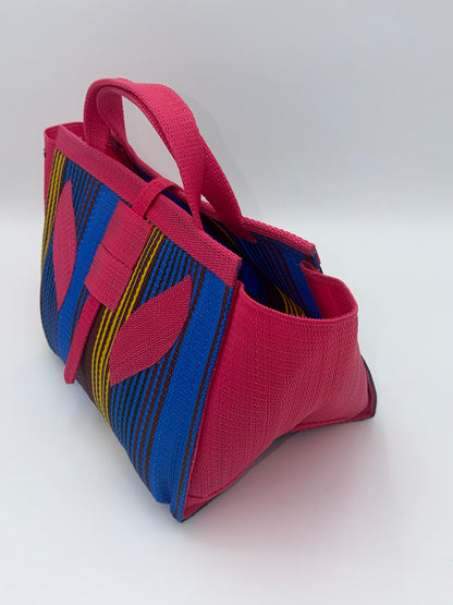 Berry Large handwoven tote bag by SCRUBIES in Pink,Blue,Yellow with Stripes design and Leaf accent pattern