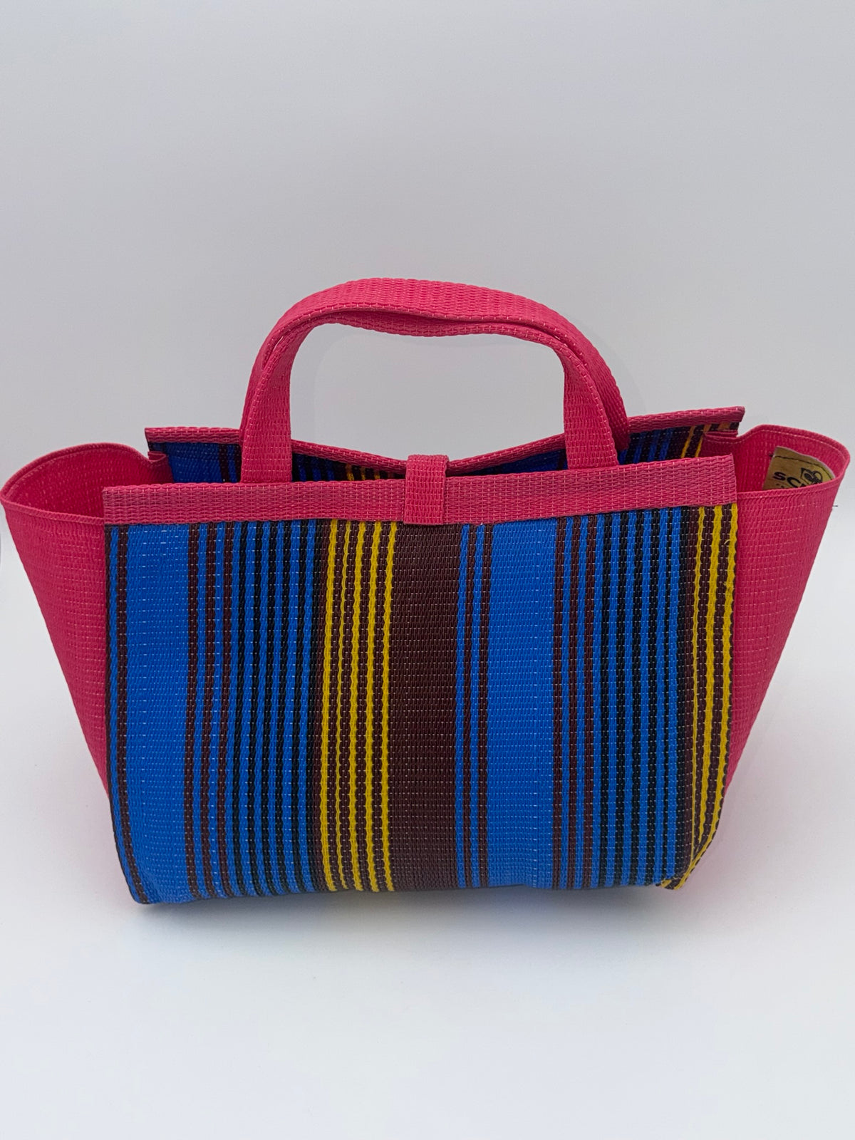 Berry Large handwoven tote bag by SCRUBIES in Pink,Blue,Yellow with Stripes design and Leaf accent pattern