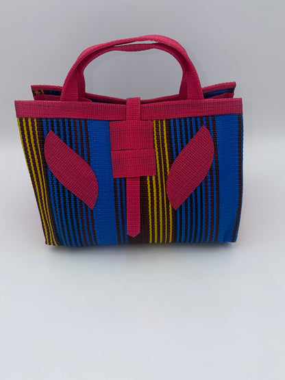 Berry Large handwoven tote bag by SCRUBIES in Pink,Blue,Yellow with Stripes design and Leaf accent pattern
