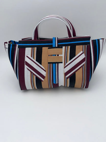 Woodland Large handwoven tote bag by SCRUBIES in Beige,Wine,Black,White,Blue with Stripes design and Leaf accent pattern
