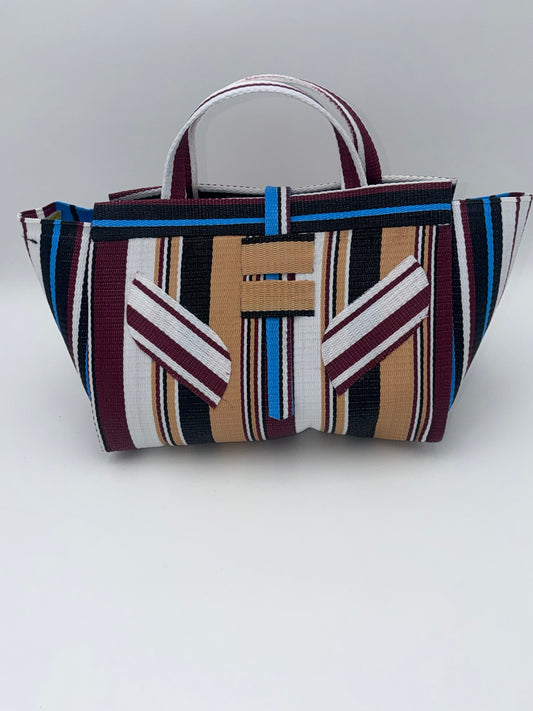 Woodland Large handwoven tote bag by SCRUBIES in Beige,Wine,Black,White,Blue with Stripes design and Leaf accent pattern