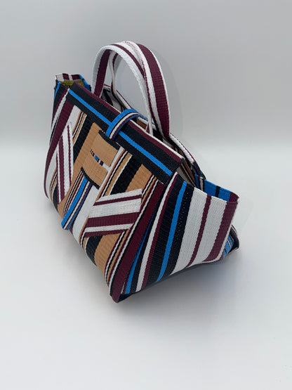 Woodland Large handwoven tote bag by SCRUBIES in Beige,Wine,Black,White,Blue with Stripes design and Leaf accent pattern
