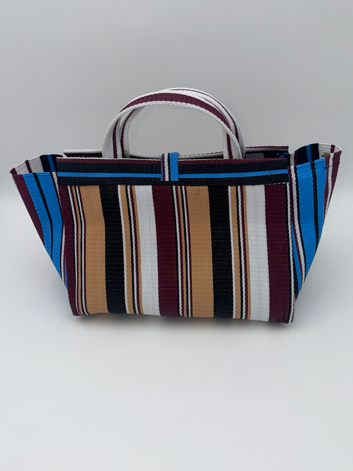 Woodland Large handwoven tote bag by SCRUBIES in Beige,Wine,Black,White,Blue with Stripes design and Leaf accent pattern