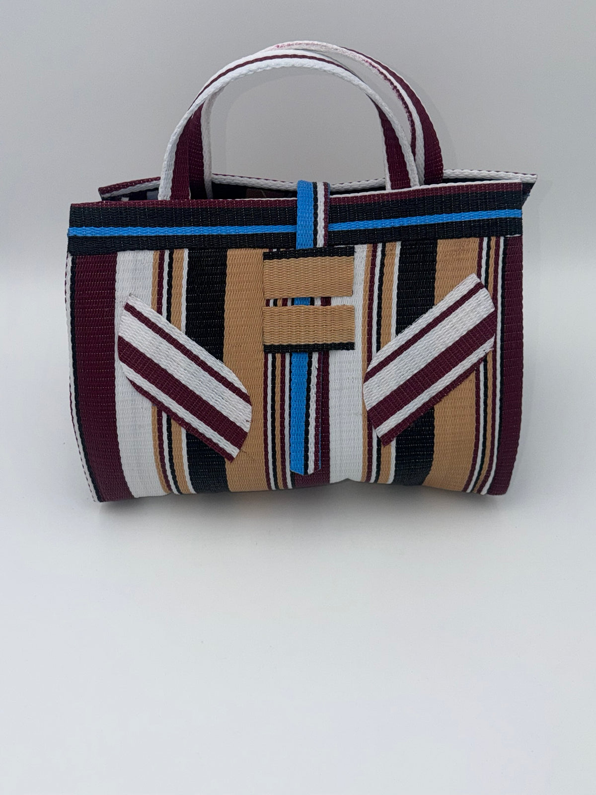 Woodland Large handwoven tote bag by SCRUBIES in Beige,Wine,Black,White,Blue with Stripes design and Leaf accent pattern
