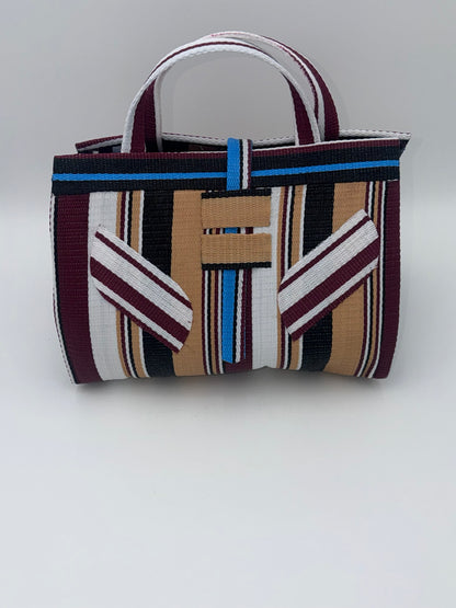 Woodland Large handwoven tote bag by SCRUBIES in Beige,Wine,Black,White,Blue with Stripes design and Leaf accent pattern