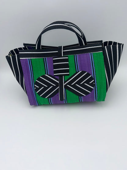 Lavender Large handwoven tote bag by SCRUBIES in Black,White,Green,Purple with Stripes design and Bow accent pattern