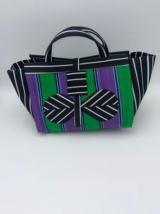 Lavender Large handwoven tote bag by SCRUBIES in Black,White,Green,Purple with Stripes design and Bow accent pattern