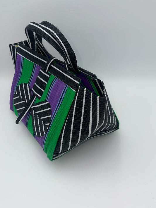 Lavender Large handwoven tote bag by SCRUBIES in Black,White,Green,Purple with Stripes design and Bow accent pattern