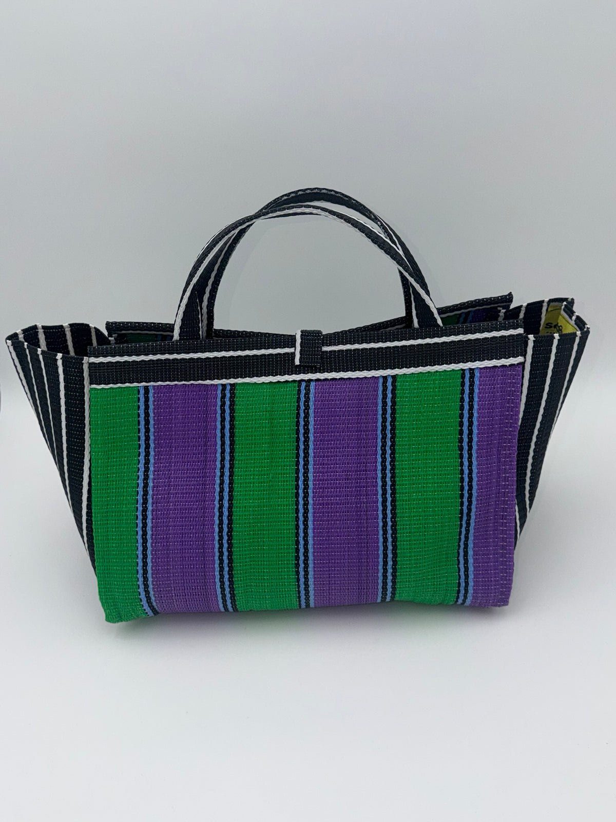 Lavender Large handwoven tote bag by SCRUBIES in Black,White,Green,Purple with Stripes design and Bow accent pattern
