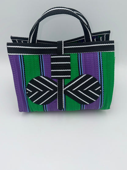 Lavender Large handwoven tote bag by SCRUBIES in Black,White,Green,Purple with Stripes design and Bow accent pattern