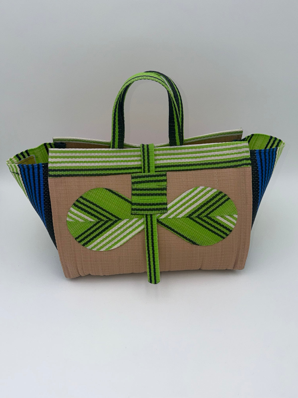 Beige Large handwoven tote bag by SCRUBIES in Beige,Green,White,Blue with Solid design and Bow accent pattern