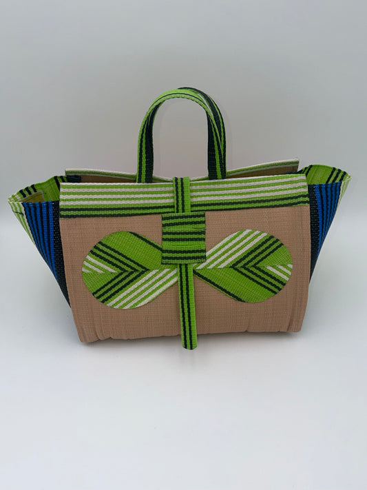 Beige Large handwoven tote bag by SCRUBIES in Beige,Green,White,Blue with Solid design and Bow accent pattern