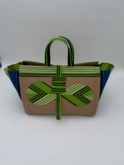 Beige Large handwoven tote bag by SCRUBIES in Beige,Green,White,Blue with Solid design and Bow accent pattern