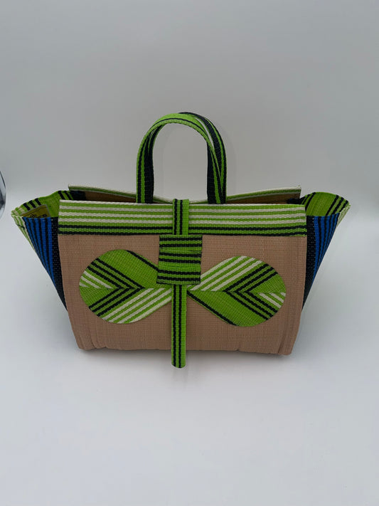 Beige Large handwoven tote bag by SCRUBIES in Beige,Green,White,Blue with Solid design and Bow accent pattern