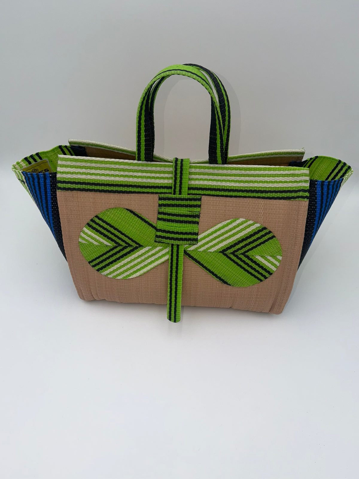 Beige Large handwoven tote bag by SCRUBIES in Beige,Green,White,Blue with Solid design and Bow accent pattern