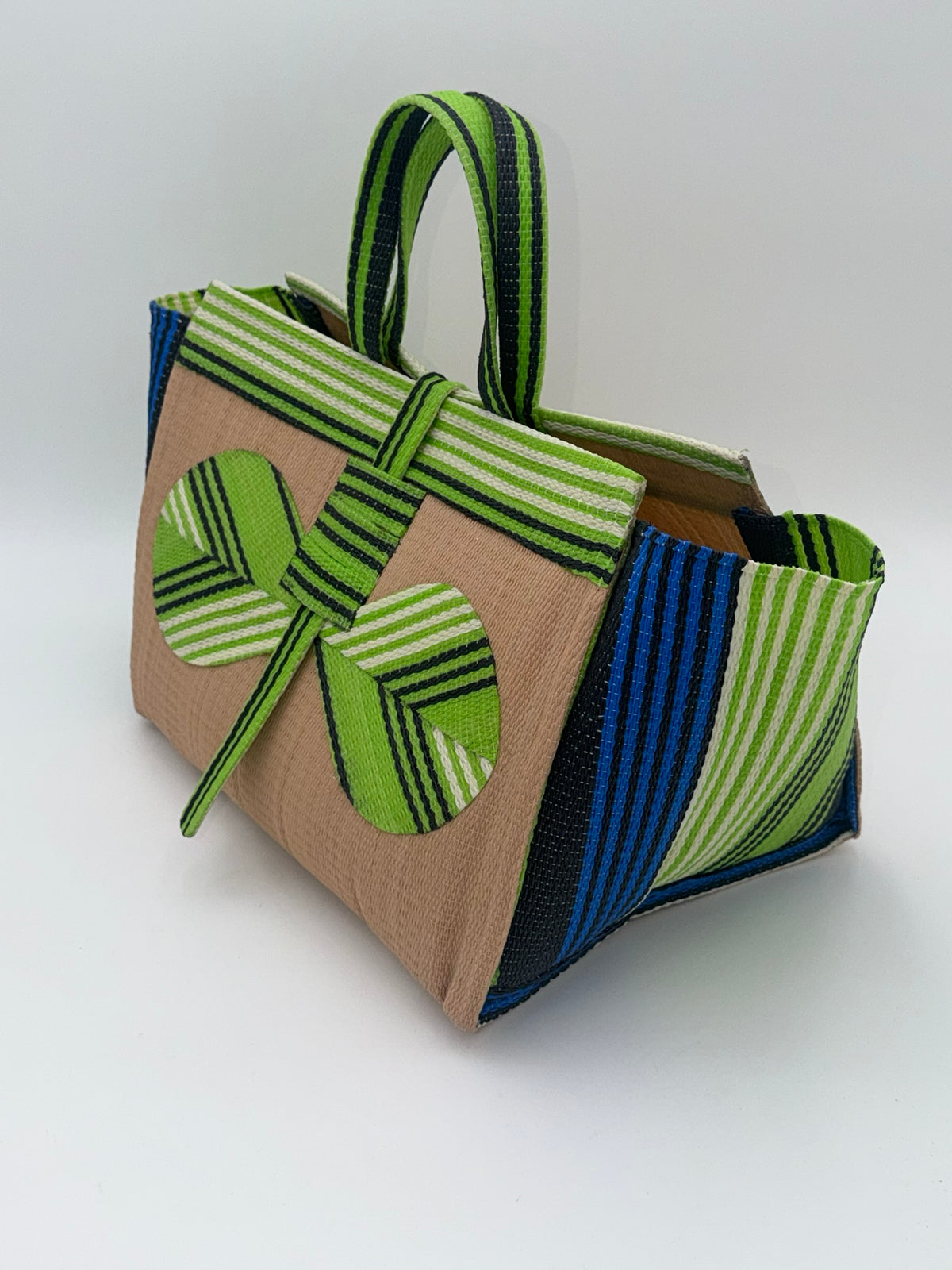 Beige Large handwoven tote bag by SCRUBIES in Beige,Green,White,Blue with Solid design and Bow accent pattern