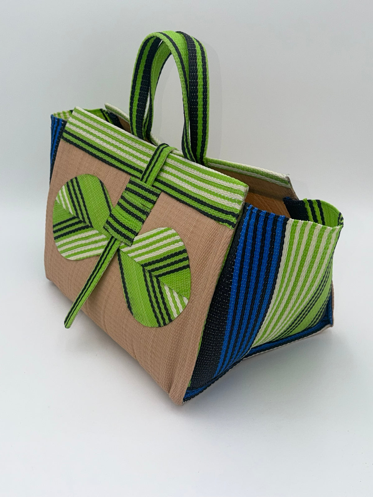 Beige Large handwoven tote bag by SCRUBIES in Beige,Green,White,Blue with Solid design and Bow accent pattern