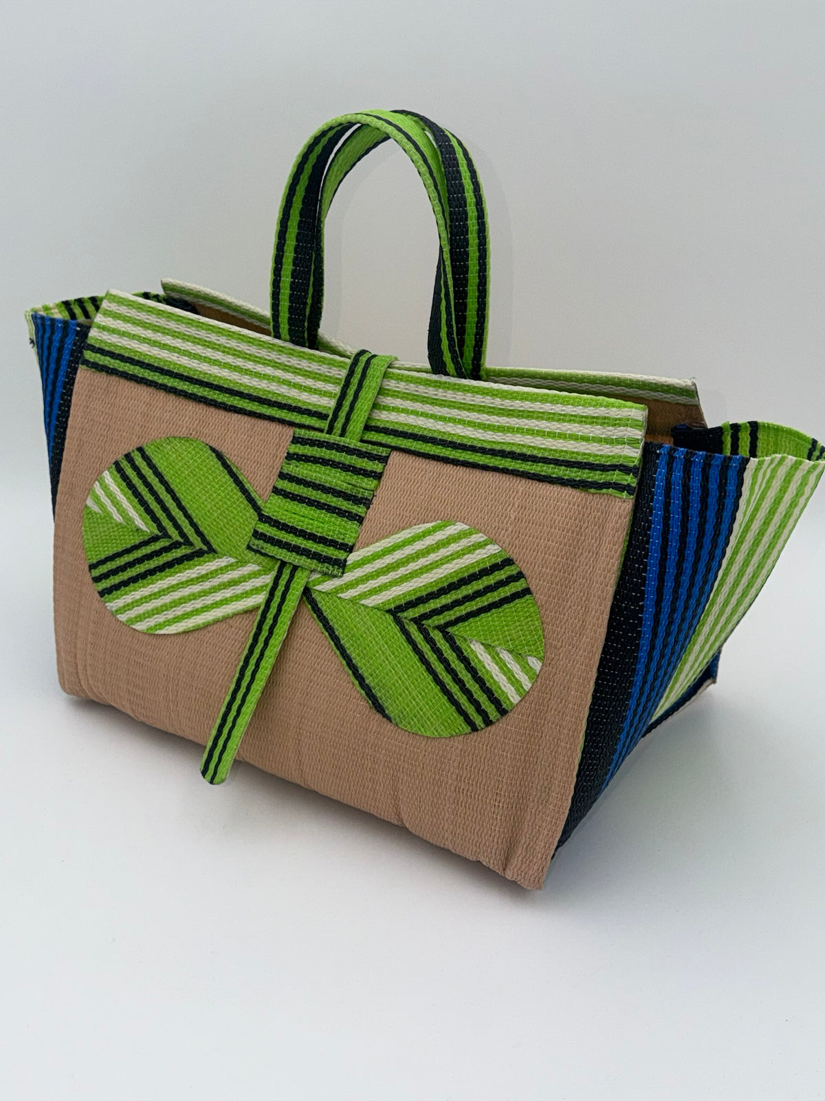 Beige Large handwoven tote bag by SCRUBIES in Beige,Green,White,Blue with Solid design and Bow accent pattern