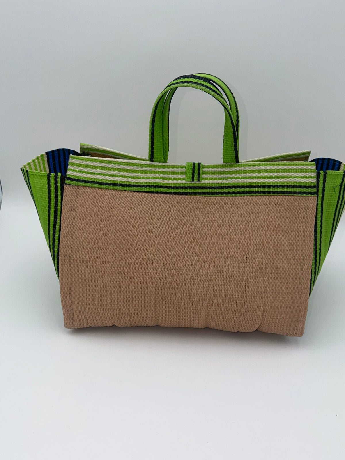 Beige Large handwoven tote bag by SCRUBIES in Beige,Green,White,Blue with Solid design and Bow accent pattern