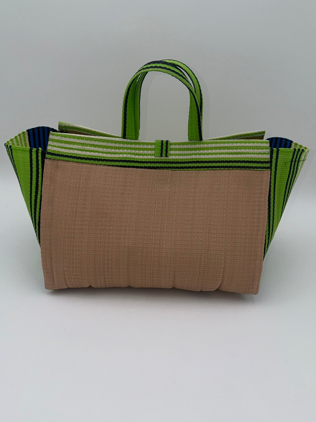 Beige Large handwoven tote bag by SCRUBIES in Beige,Green,White,Blue with Solid design and Bow accent pattern