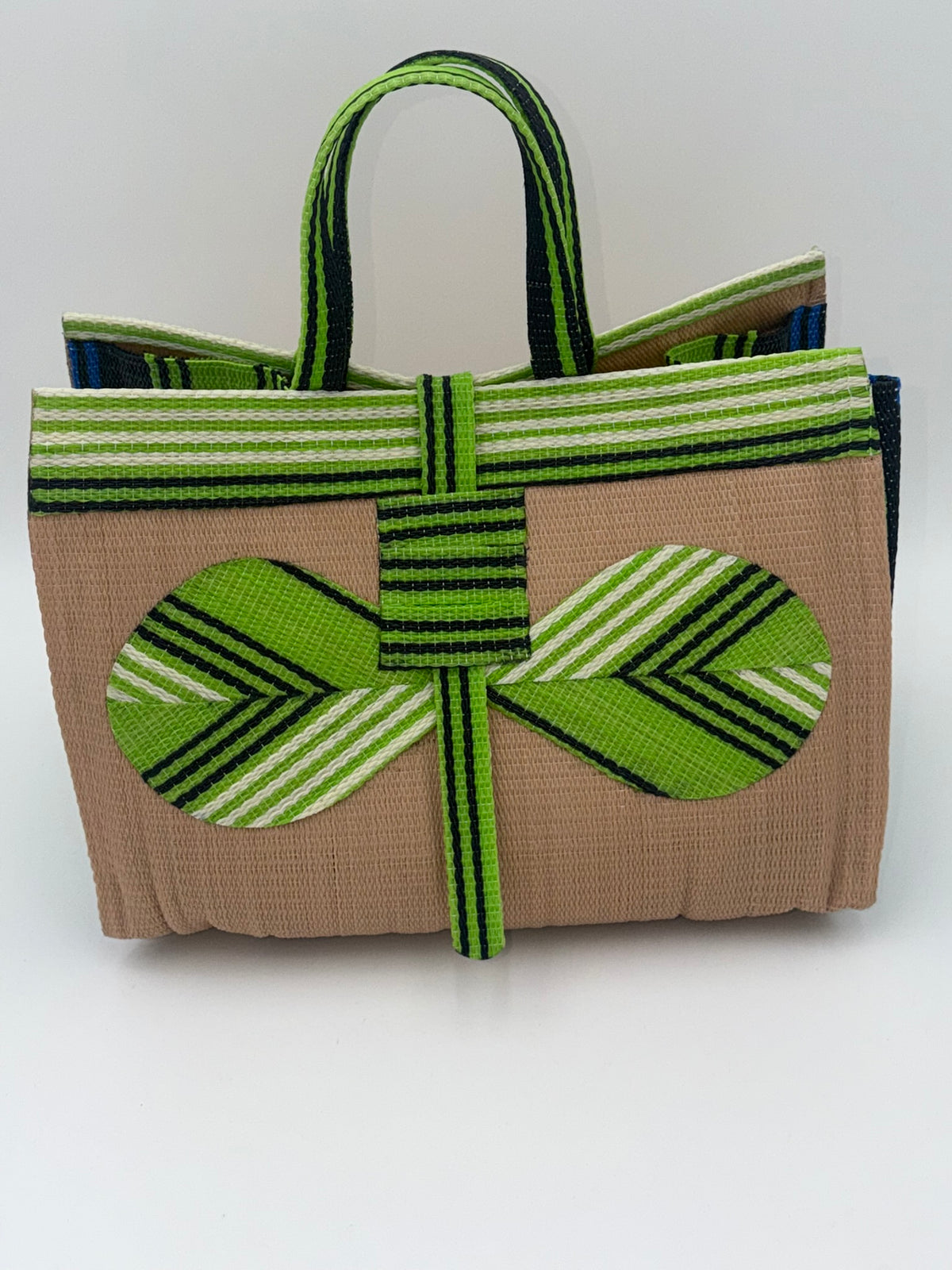 Beige Large handwoven tote bag by SCRUBIES in Beige,Green,White,Blue with Solid design and Bow accent pattern