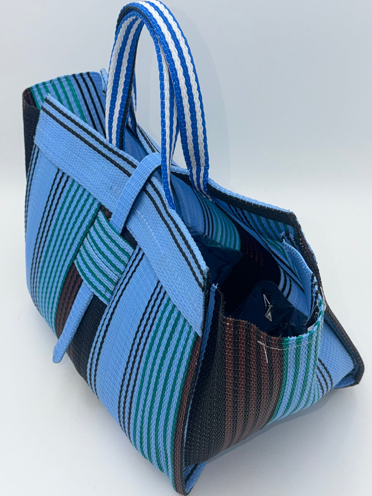 Lagoon Large handwoven tote bag by SCRUBIES in Blue,Brown,Black with Stripes design and None accent pattern