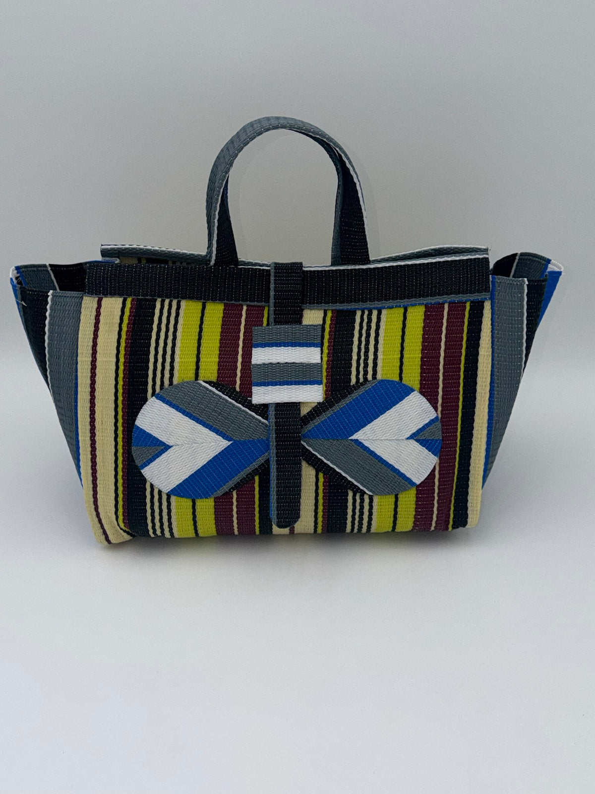 Carbon Large handwoven tote bag by SCRUBIES in Grey,Black,Yellow,White with Stripes design and Bow accent pattern