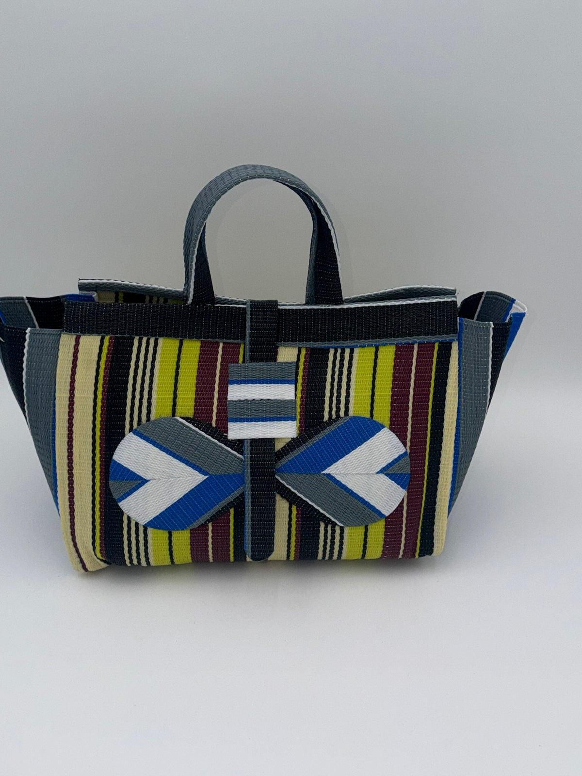 Carbon Large handwoven tote bag by SCRUBIES in Grey,Black,Yellow,White with Stripes design and Bow accent pattern