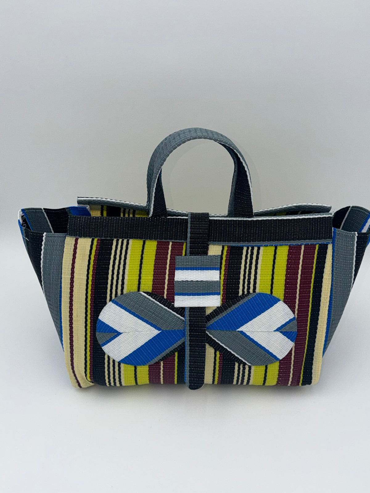 Carbon Large handwoven tote bag by SCRUBIES in Grey,Black,Yellow,White with Stripes design and Bow accent pattern