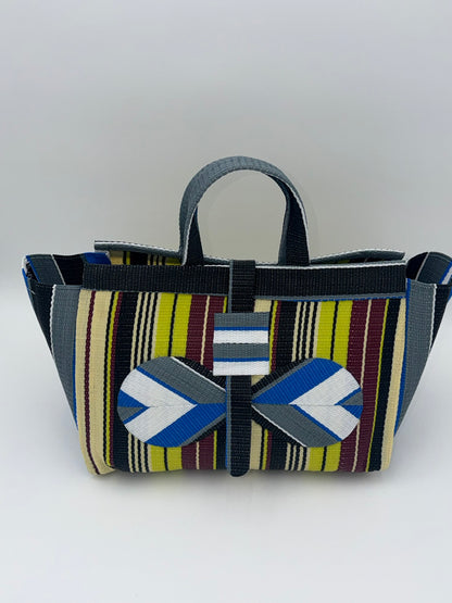 Carbon Large handwoven tote bag by SCRUBIES in Grey,Black,Yellow,White with Stripes design and Bow accent pattern
