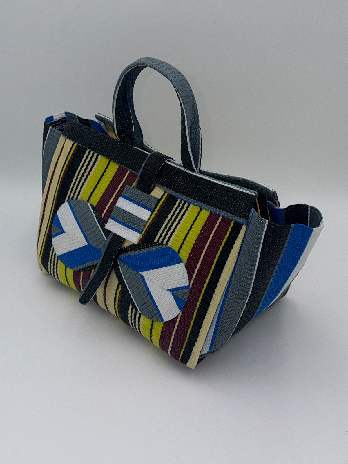 Carbon Large handwoven tote bag by SCRUBIES in Grey,Black,Yellow,White with Stripes design and Bow accent pattern