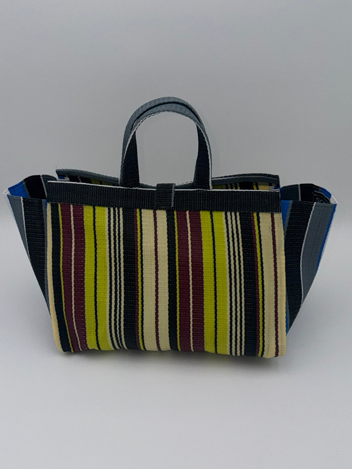 Carbon Large handwoven tote bag by SCRUBIES in Grey,Black,Yellow,White with Stripes design and Bow accent pattern