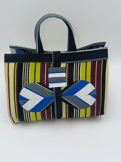 Carbon Large handwoven tote bag by SCRUBIES in Grey,Black,Yellow,White with Stripes design and Bow accent pattern