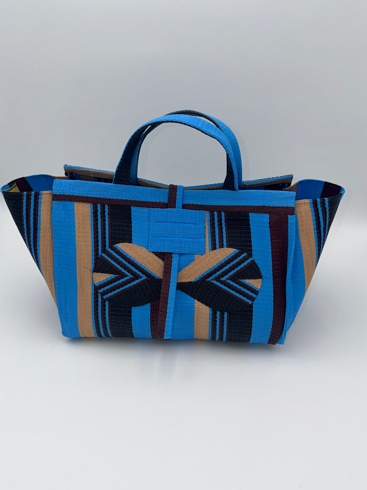 Boho Large handwoven tote bag by SCRUBIES in Blue,Beige,Black,Wine with Stripes design and Bow accent pattern