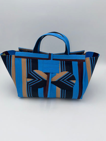 Boho Large handwoven tote bag by SCRUBIES in Blue,Beige,Black,Wine with Stripes design and Bow accent pattern