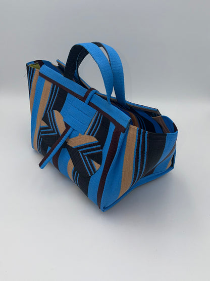 Boho Large handwoven tote bag by SCRUBIES in Blue,Beige,Black,Wine with Stripes design and Bow accent pattern