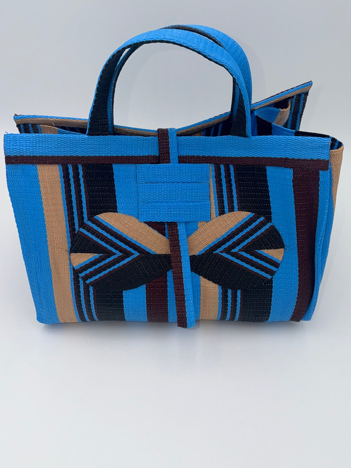 Boho Large handwoven tote bag by SCRUBIES in Blue,Beige,Black,Wine with Stripes design and Bow accent pattern