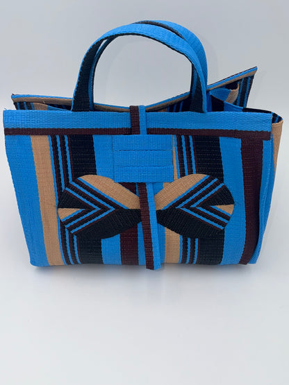 Boho Large handwoven tote bag by SCRUBIES in Blue,Beige,Black,Wine with Stripes design and Bow accent pattern